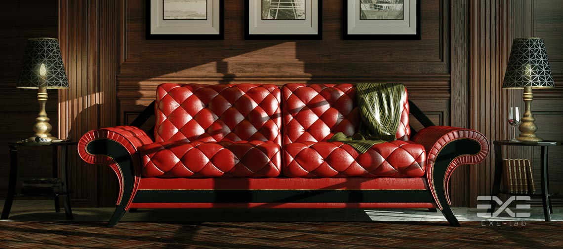wymodelowana sofa w 3D, mebel tapiceorowany w pomieszczeniu
